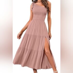 MEROKEETY Women's One Shoulder Sleeveless Shirred High Waist Swing A-Line Midi M